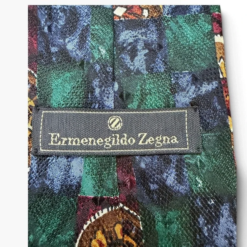 Ermenegildo Zegna Silk Tie Green Blue Paisley Checkered Made Italy Wide Lawyer